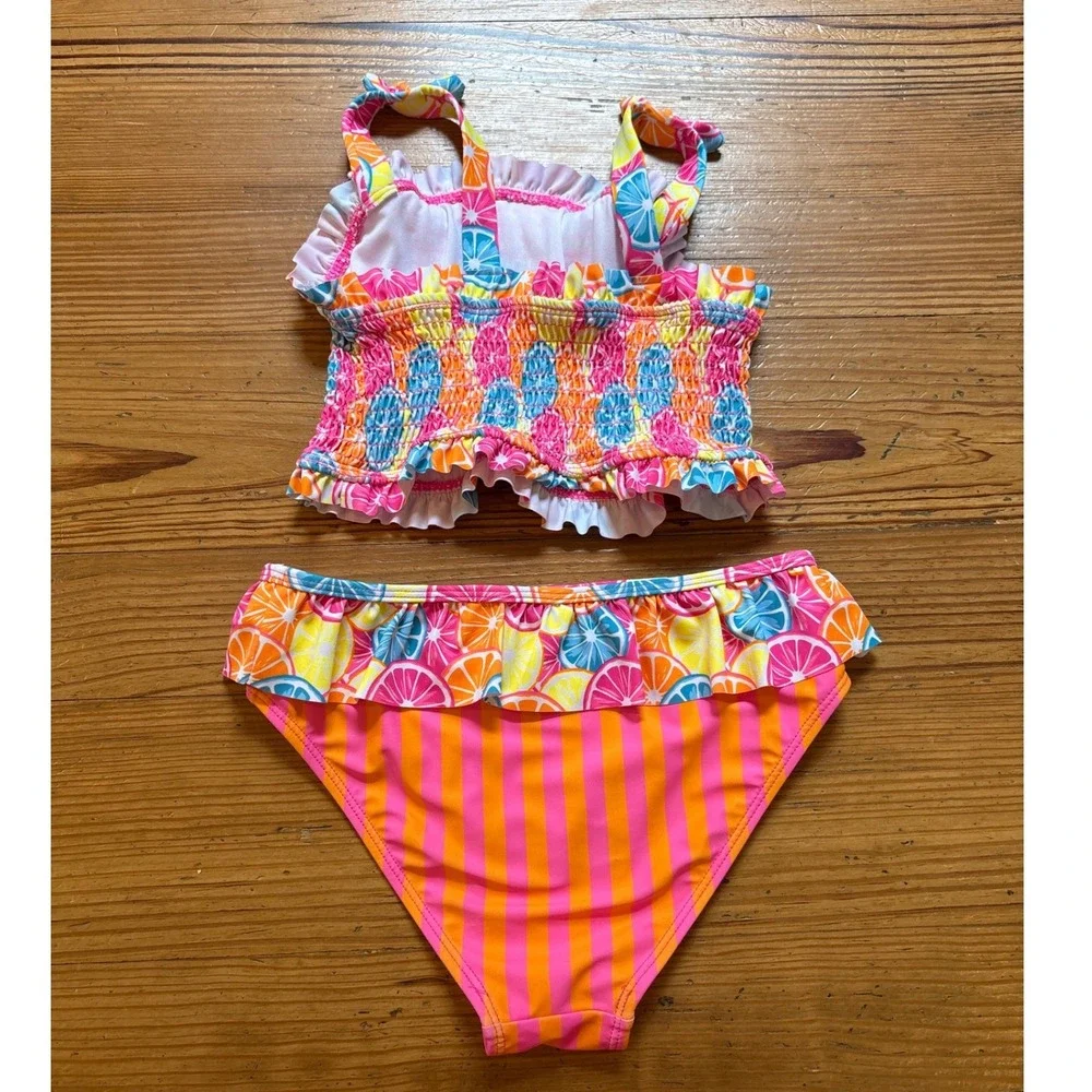 Betsey Johnson Swimsuit Kids‎ Pink Citrus Fruit Smocked Ruffle Bikini SIZE 14 - Picture 7 of 7